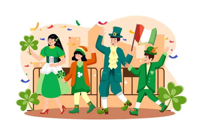 Family walking in parade of St. Patrick's Day  イラスト