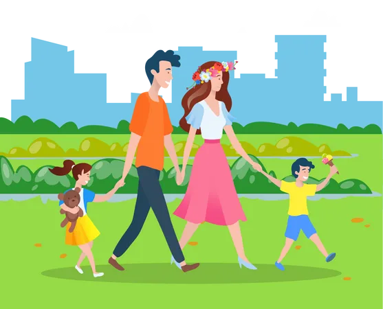 Family walking in park  Illustration