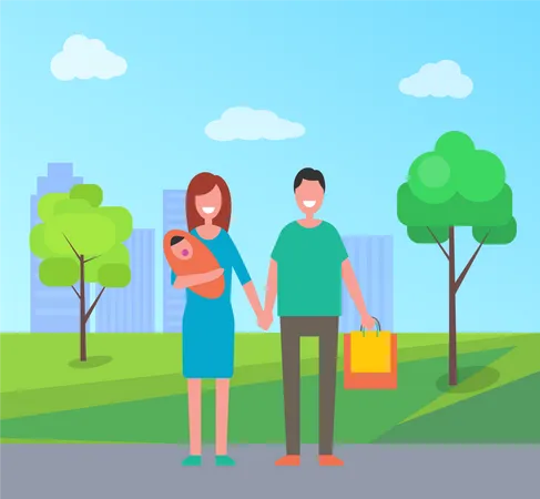 Family Walking In Park Vector Banner In Cartoon Style Young Couple Holding Hands Mother With Infant In Arms Father Carrying Packages Among Trees Illustration