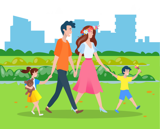 Family walking in park  Illustration