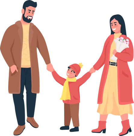 Family On Winter Walk Semi Flat Color Vector Character Posing Figures Full Body People On White Recreation Isolated Modern Cartoon Style Illustration For Graphic Design And Animation Illustration