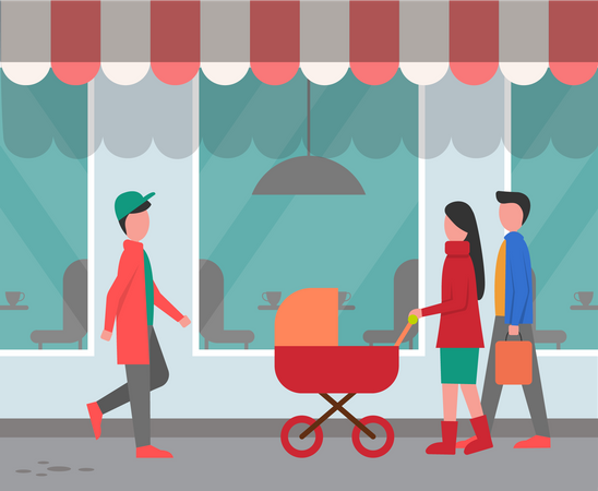 Family Walking towards Restaurant for food Illustration
