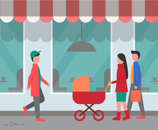 Family Walking towards Restaurant for food  Illustration