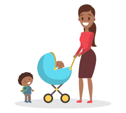 Family walking with child and baby stroller  Illustration