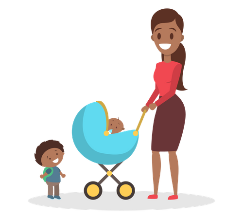 Family walking with child and baby stroller  Illustration