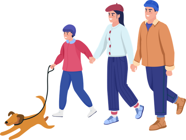Family walking with dog Illustration