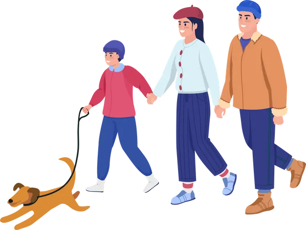 Family Walk With Dog Semi Flat Color Vector Characters Dynamic Figures Full Body People On White Wintertime Isolated Modern Cartoon Style Illustration For Graphic Design And Animation Illustration