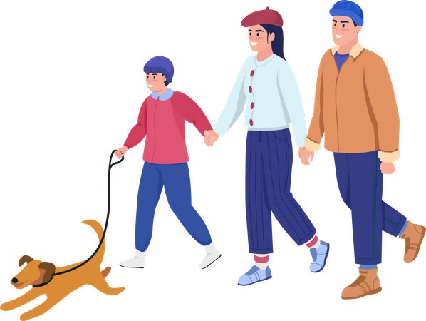 Family walking with dog  Illustration