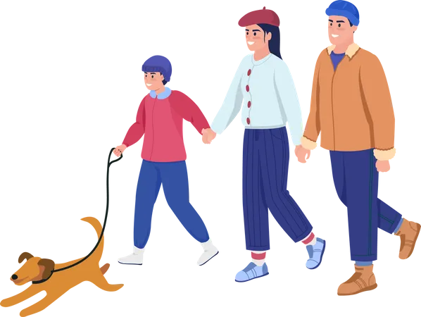 Family walking with dog  Illustration