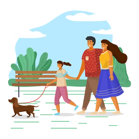 Family walking with dog  Illustration