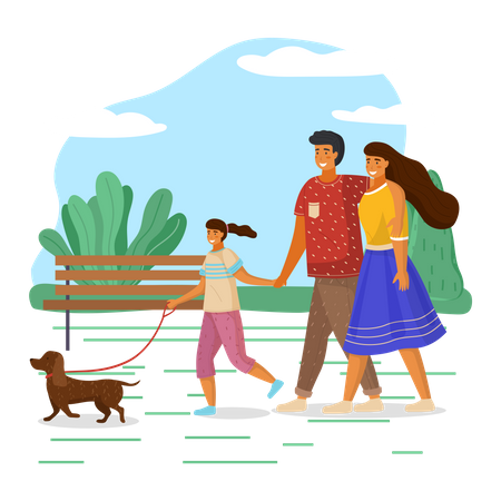 Family walking with dog  Illustration