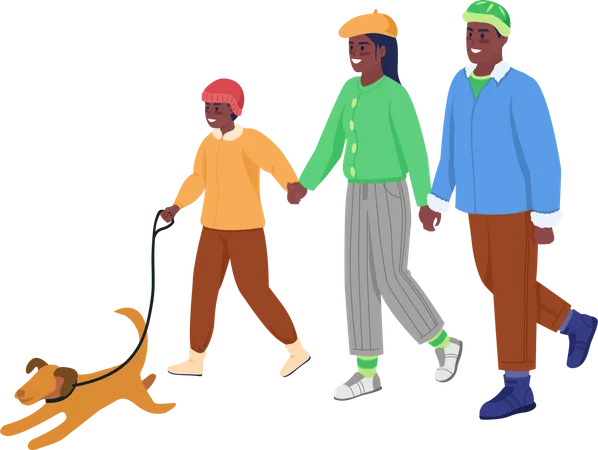 Family Walk With Pet Semi Flat Color Vector Characters Dynamic Figures Full Body People On White Wintertime Isolated Modern Cartoon Style Illustration For Graphic Design And Animation Illustration
