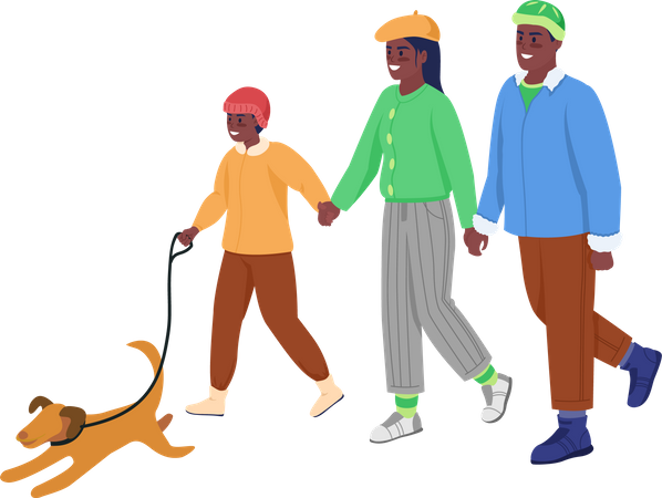 Family walking with pet  Illustration