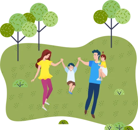 Large Family Walks In Park Or Square Mom Dad And Two Children Father Holds Daughter In His Arms Son Plays Outdoor Activities Trip Out Of Town Fun Days Family Holiday Green Spaces Flat Image Illustration