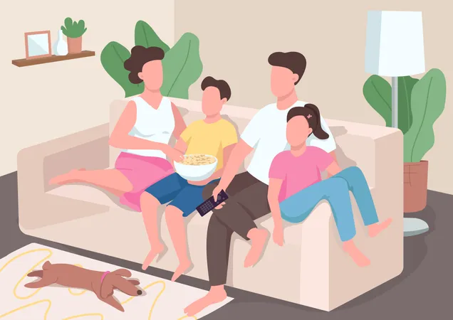 Family Watch TV Flat Color Vector Illustration Parents With Teenage Children Relax On Couch Mom And Dad Bond With Kids Relatives 2 D Cartoon Characters With Interior On Background Illustration