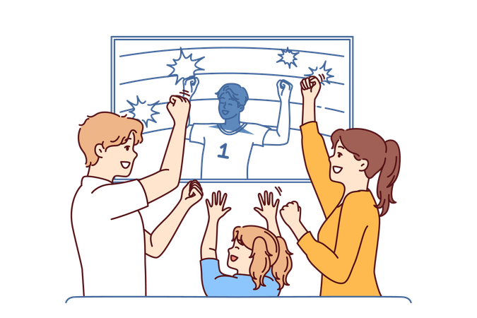 Family watches football on TV and celebrates victory after seeing goal scored by players  Illustration