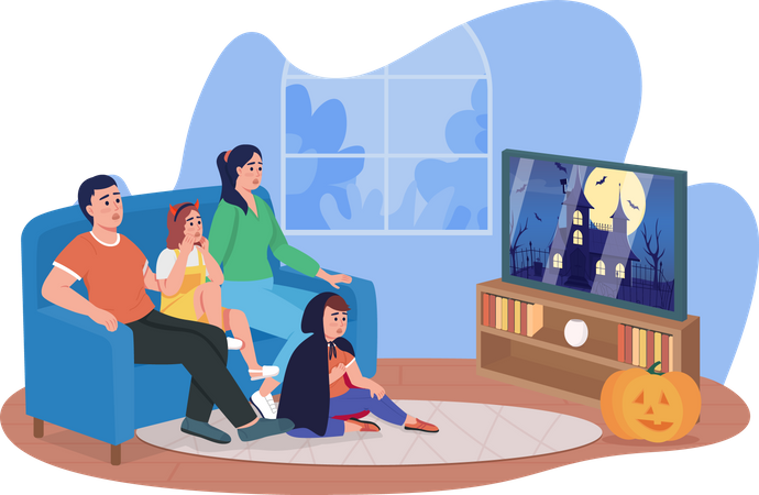 Family watching horror movie Illustration