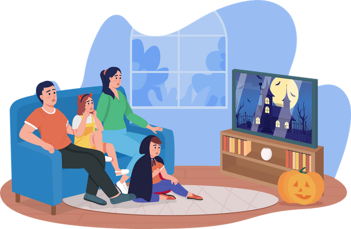 Family watching horror movie  Illustration