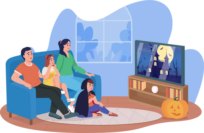 Family watching horror movie  Illustration