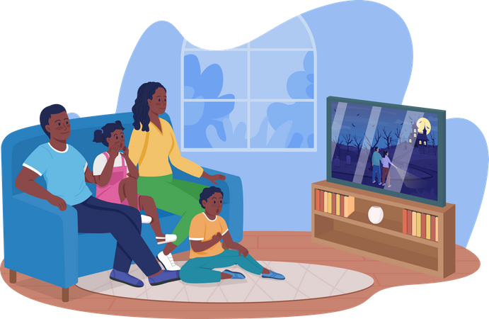 Family watching horror movie together in living room  Illustration