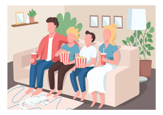 Family Entertainment Flat Color Vector Illustration Mom And Dad Spend Time With Kids Children Watch TV With Parents On Couch Relatives 2 D Cartoon Characters With Interior On Background Illustration