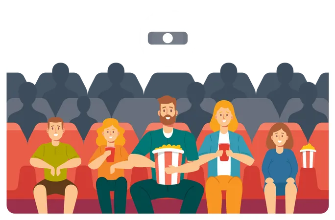 Family Watching Movie at Cinema  Illustration