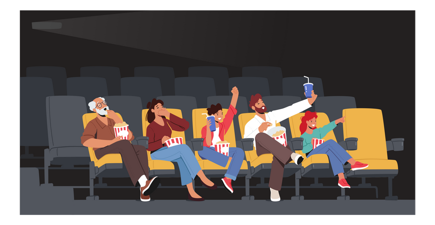 Family Watching Movie At Cinema Illustration