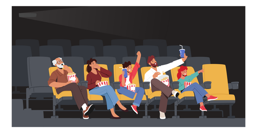 Family Watching Movie At Cinema  Illustration