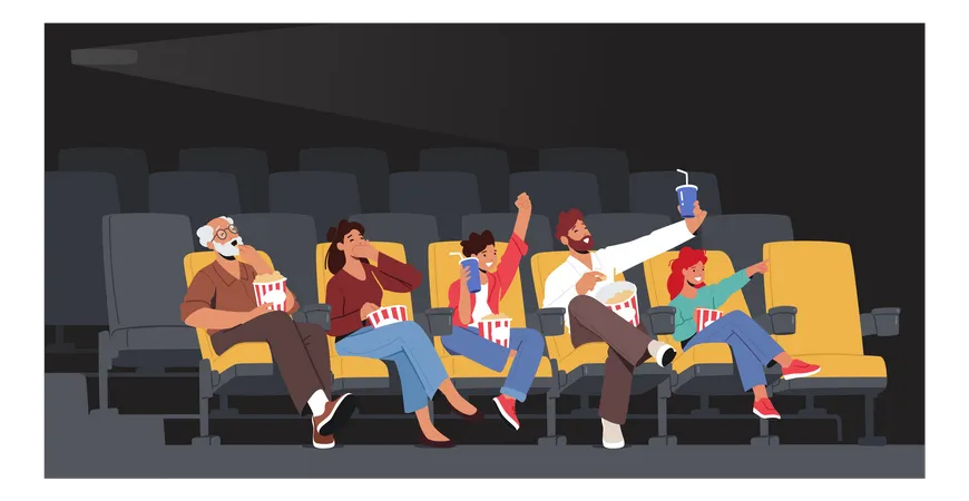 Family Watching Movie At Cinema  Illustration