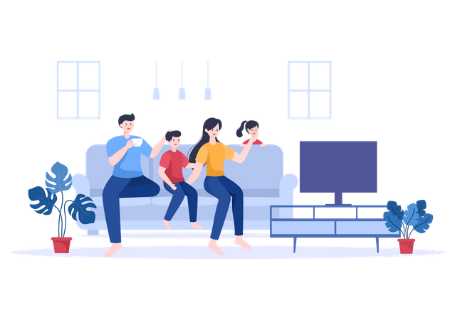 Family Watching Television with drinking coffee Illustration