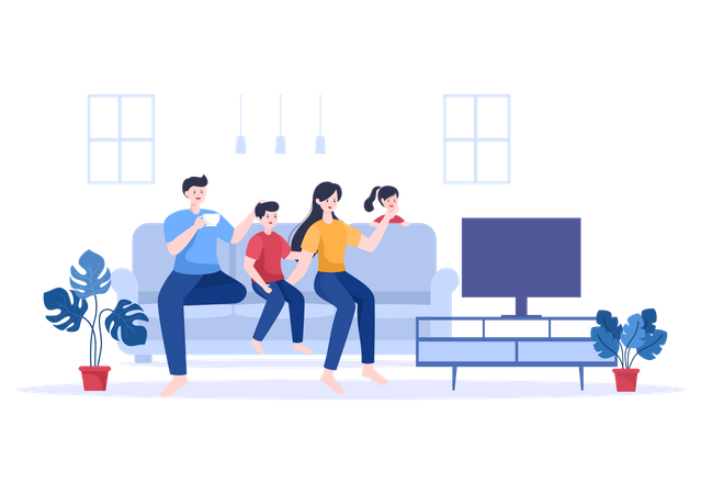 Family Watching Television with drinking coffee  Illustration
