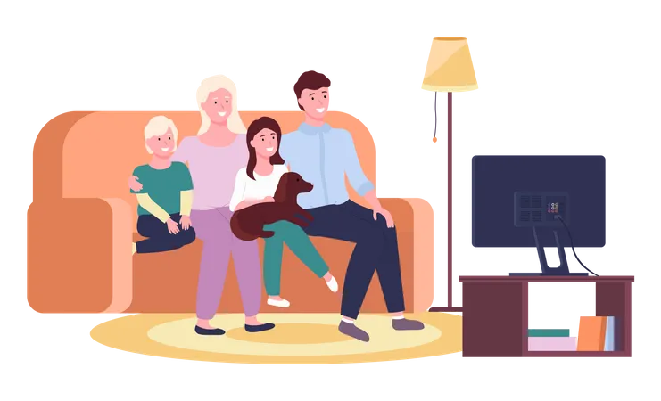 Happy Family Mother Father Daughter Son And Dog Watching Tv Sitting Together At Sofa At Home Happy People Spend Time Together Indoors Activity Relax Time Parents And Kids Watching Film Illustration