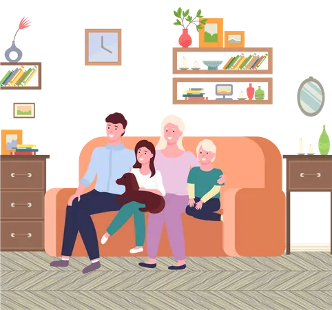 Portrait Of Four Member Family Posing Together Smiling Happy Illustration Of Mother Father Sun Daughter And A Dog Sitting On The Sofa In The Room Family Portrait Four Members And Favorite Pet Illustration