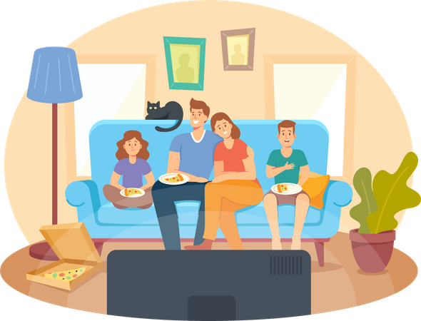 Family Watching TV and Eating Pizza at Home Illustration