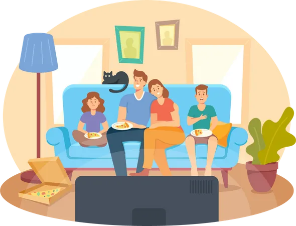 Family Watching TV and Eating Pizza at Home Illustration