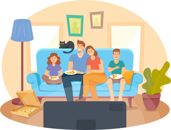 Family Watching TV and Eating Pizza at Home  Illustration