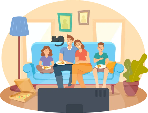 Family Watching TV and Eating Pizza at Home  Illustration