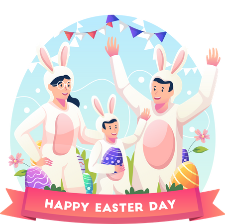 Family wearing costumes as bunnies to celebrate Easter day Illustration
