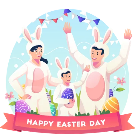 Family wearing costumes as bunnies to celebrate Easter day Illustration