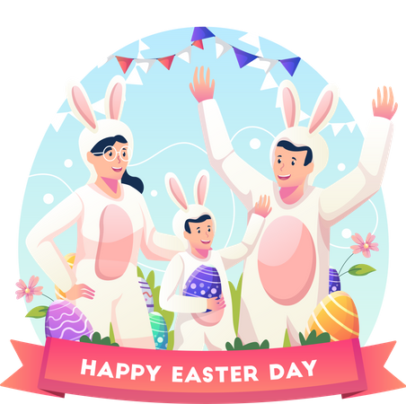 Family wearing costumes as bunnies to celebrate Easter day  Illustration