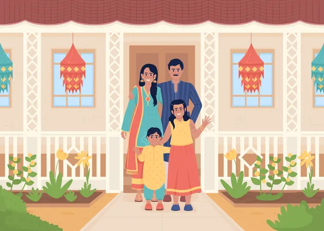 Family Welcoming Guests At Front Porch Flat Color Vector Illustration Greeting Visitors Diwali Festival Tradition Fully Editable 2 D Simple Cartoon Characters With House Exterior On Background Illustration