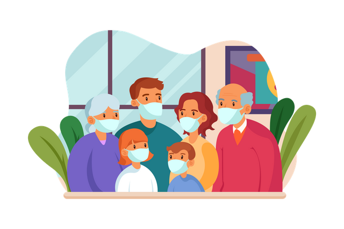 Family wearing mask standing together  Illustration