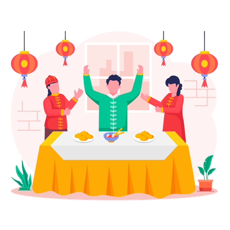 Family wearing Traditional Clothing for Reunion Dinner on new year party  Illustration