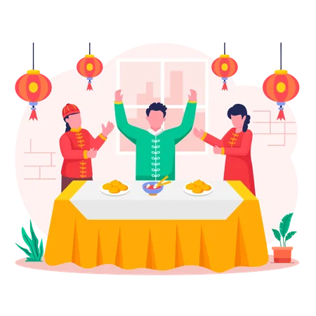 Family wearing Traditional Clothing for Reunion Dinner on new year party  Illustration