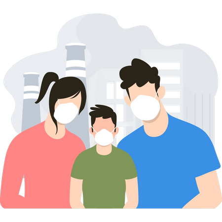 Family wears masks to protect themselves from air pollution  Illustration