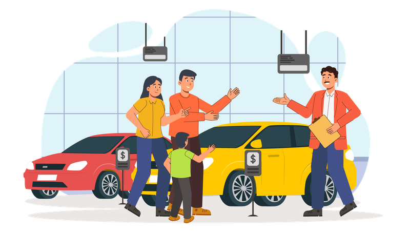 Family went to car showroom to buy new car  Illustration