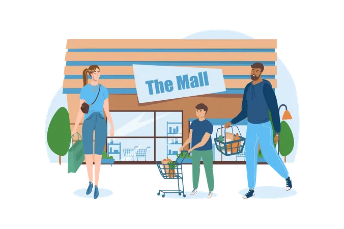 Shop Blue Concept With People Scene In The Flat Cartoon Style Family Went Together To The Supermarket For Groceries Vector Illustration Illustration