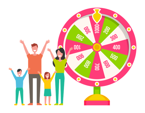 Family winning on spinning wheel  イラスト
