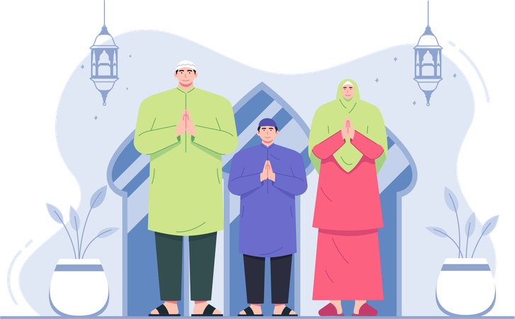 Family wishing Eid Mubarak greeting  Illustration