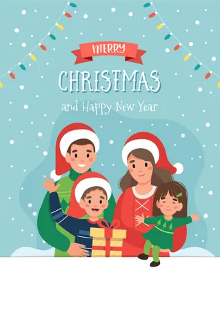 Family wishing Happy Christmas Illustration